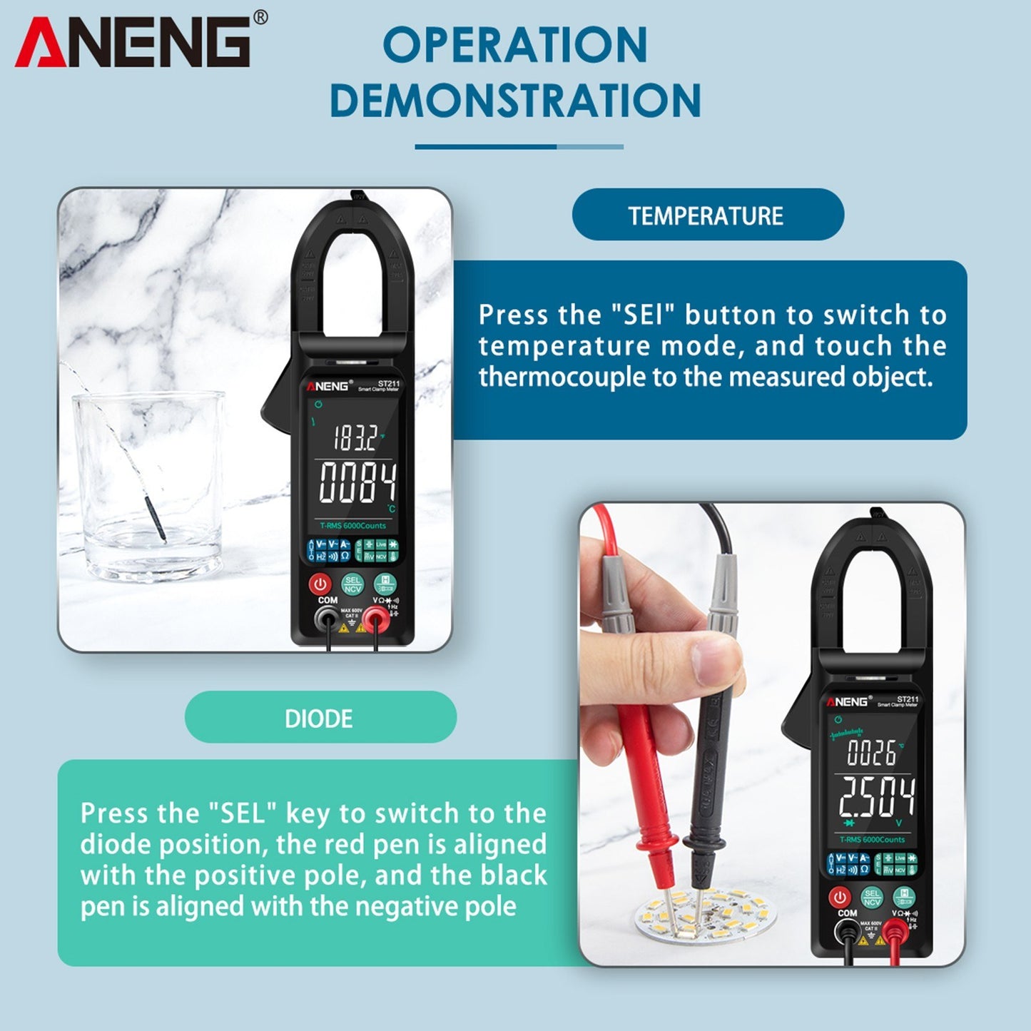 ANENG ST211 Digital AC Current Clamp Meter 400A, 6000 Counts Multimeter with Backlight, NCV Test, Temperature/Capacitance/Diode/Voltage/Resistance/Frequency Meter, Universal Clamp Ammeter, Red