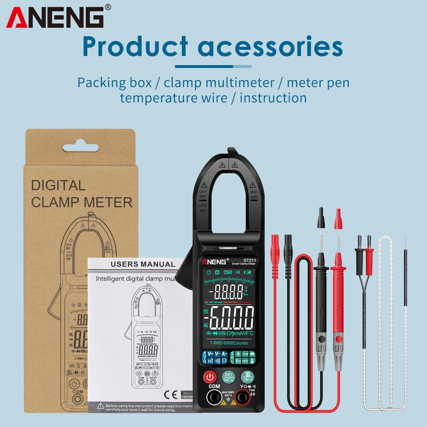 ANENG ST211 Digital AC Current Clamp Meter 400A, 6000 Counts Multimeter with Backlight, NCV Test, Temperature/Capacitance/Diode/Voltage/Resistance/Frequency Meter, Universal Clamp Ammeter, Red