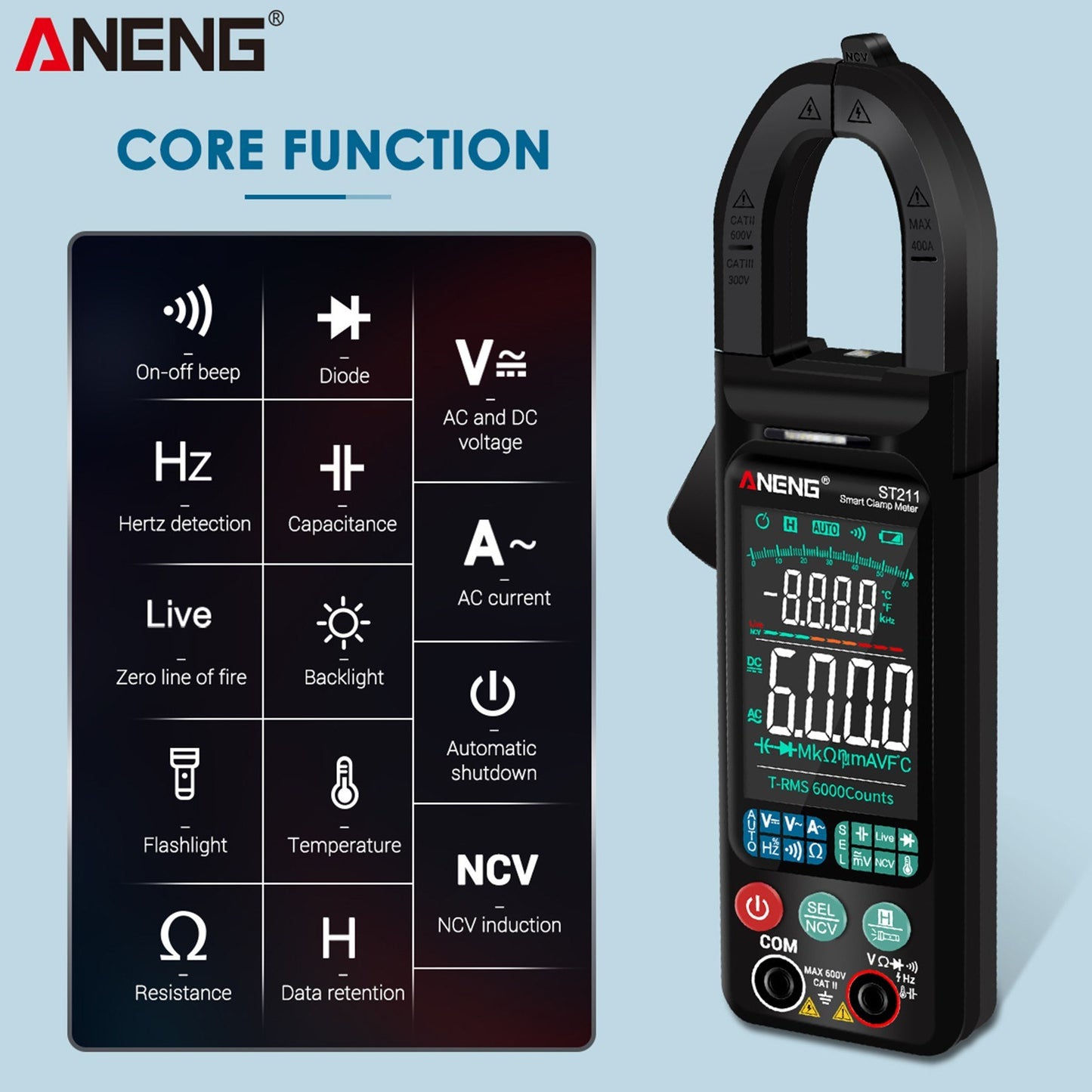 ANENG ST211 Digital AC Current Clamp Meter 400A, 6000 Counts Multimeter with Backlight, NCV Test, Temperature/Capacitance/Diode/Voltage/Resistance/Frequency Meter, Universal Clamp Ammeter, Red