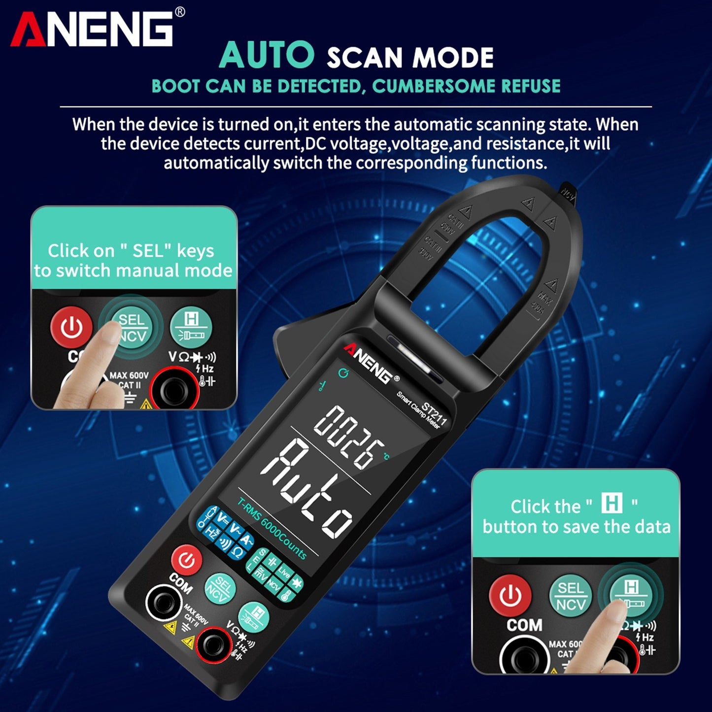 ANENG ST211 Digital AC Current Clamp Meter 400A, 6000 Counts Multimeter with Backlight, NCV Test, Temperature/Capacitance/Diode/Voltage/Resistance/Frequency Meter, Universal Clamp Ammeter, Red