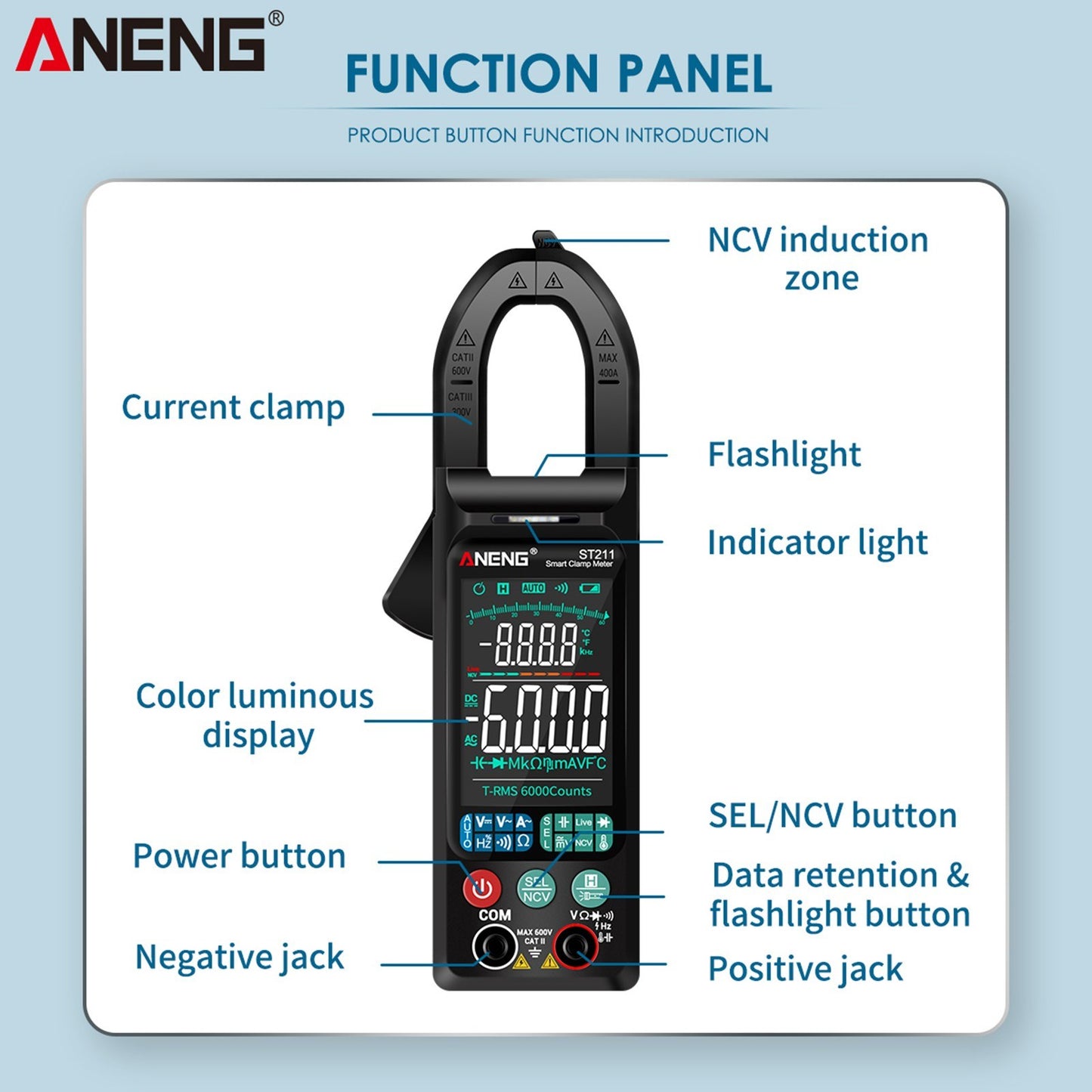 ANENG ST211 Digital AC Current Clamp Meter 400A, 6000 Counts Multimeter with Backlight, NCV Test, Temperature/Capacitance/Diode/Voltage/Resistance/Frequency Meter, Universal Clamp Ammeter, Red