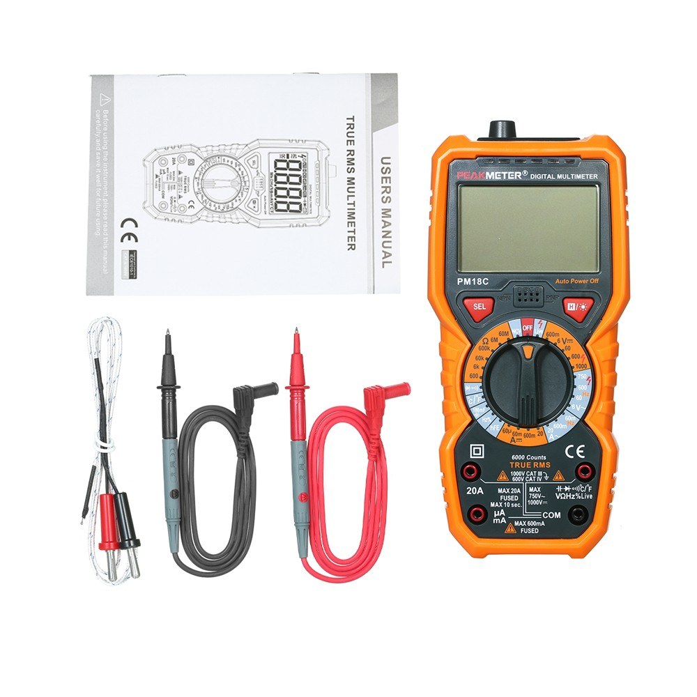 PEAKMETER PM18C True RMS Digital Multimeter - AC/DC Voltage, Current, Resistance, Capacitance, Frequency, Temperature, hFE, NCV, Line Tester