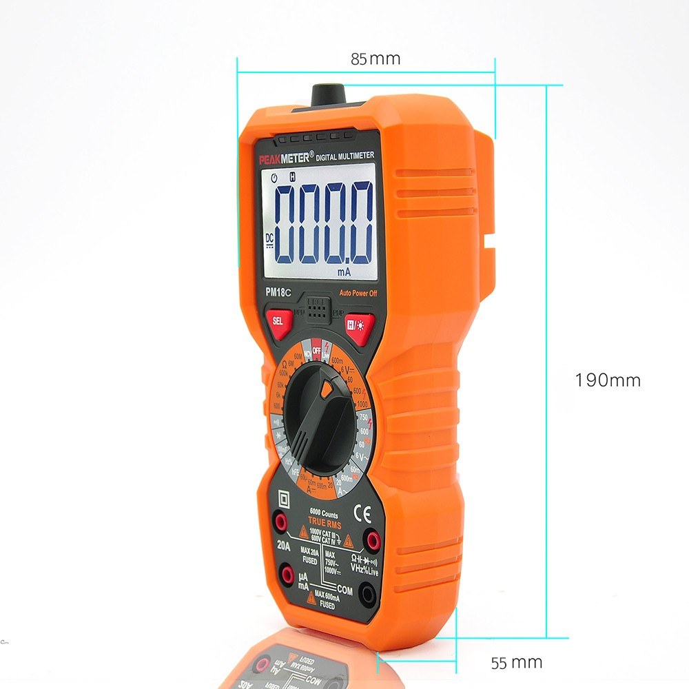 PEAKMETER PM18C True RMS Digital Multimeter - AC/DC Voltage, Current, Resistance, Capacitance, Frequency, Temperature, hFE, NCV, Line Tester
