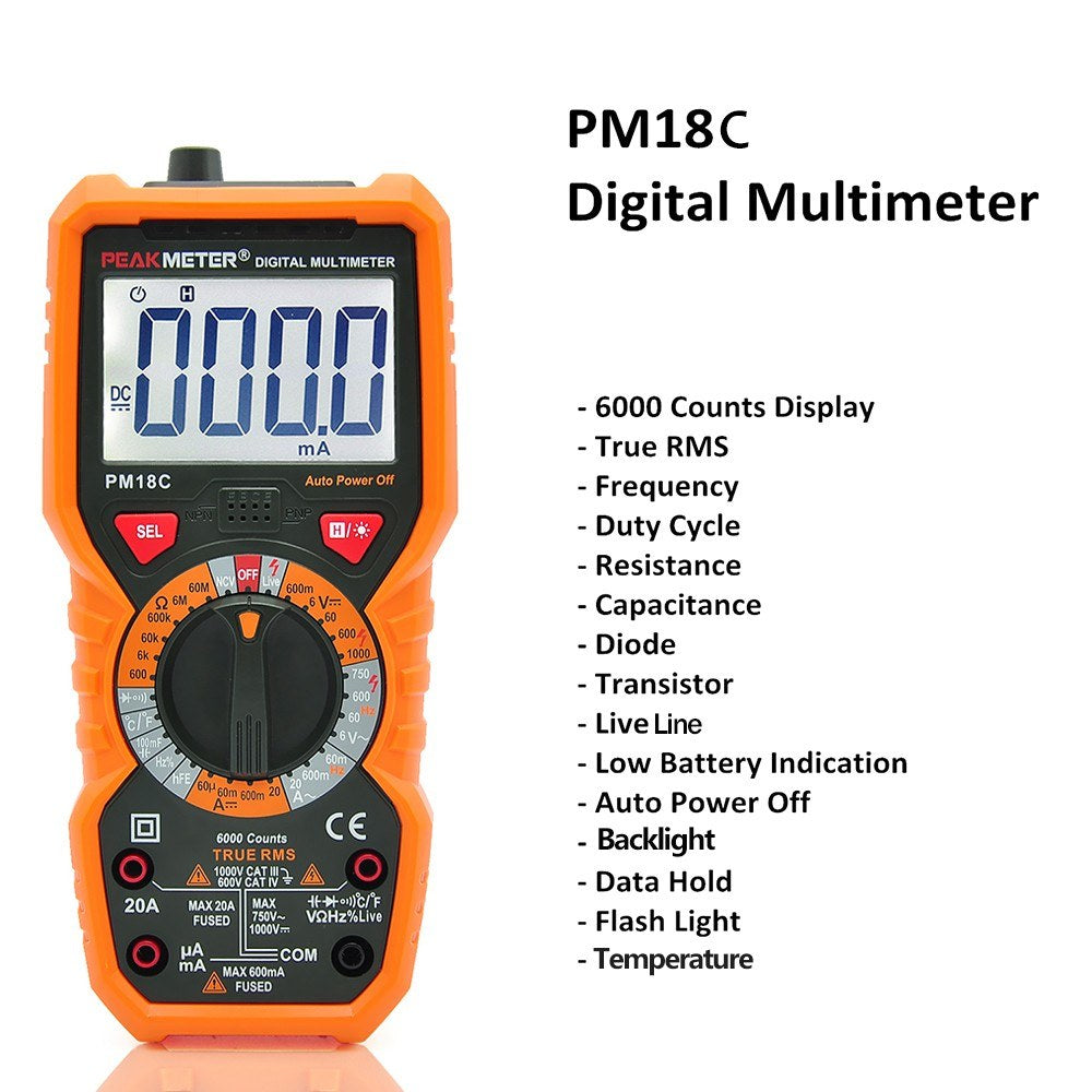 PEAKMETER PM18C True RMS Digital Multimeter - AC/DC Voltage, Current, Resistance, Capacitance, Frequency, Temperature, hFE, NCV, Line Tester