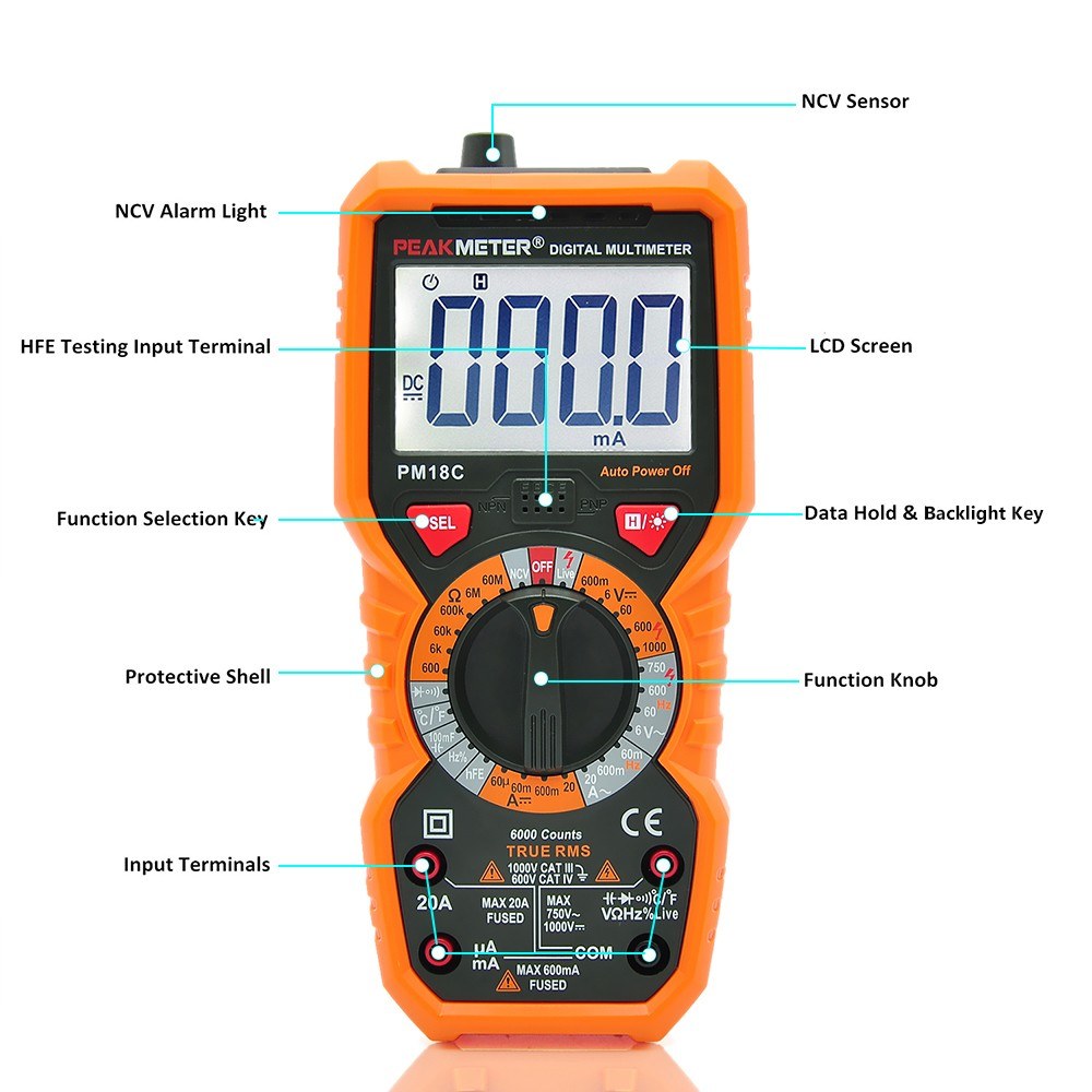 PEAKMETER PM18C True RMS Digital Multimeter - AC/DC Voltage, Current, Resistance, Capacitance, Frequency, Temperature, hFE, NCV, Line Tester