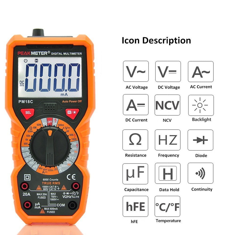 PEAKMETER PM18C True RMS Digital Multimeter - AC/DC Voltage, Current, Resistance, Capacitance, Frequency, Temperature, hFE, NCV, Line Tester