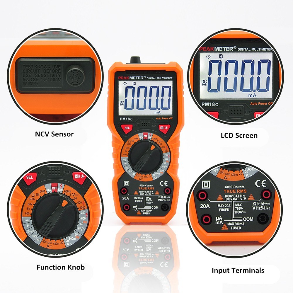 PEAKMETER PM18C True RMS Digital Multimeter - AC/DC Voltage, Current, Resistance, Capacitance, Frequency, Temperature, hFE, NCV, Line Tester
