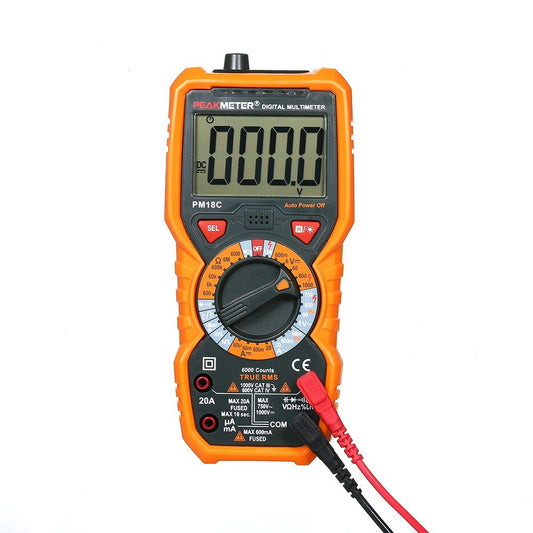 PEAKMETER PM18C True RMS Digital Multimeter - AC/DC Voltage, Current, Resistance, Capacitance, Frequency, Temperature, hFE, NCV, Line Tester