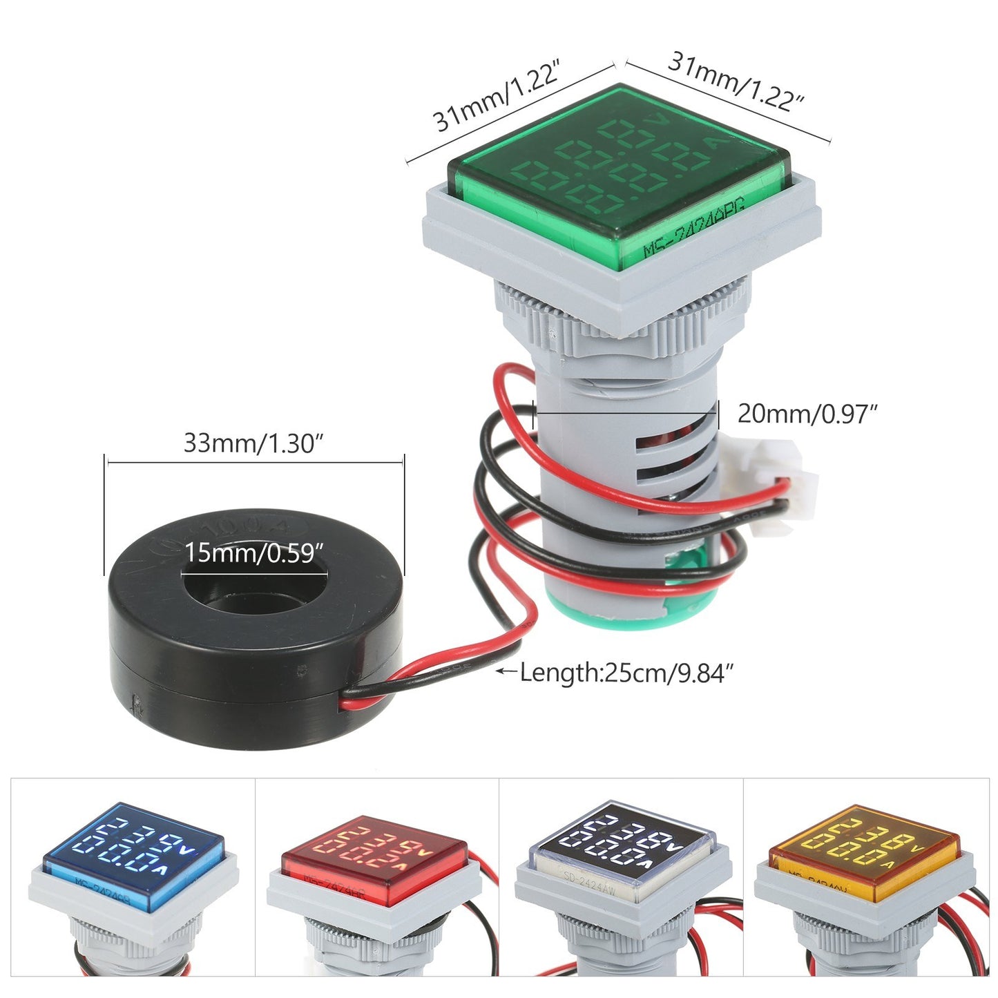 Mini Square AC Panel Meter: Double LED Volt-Ammeter Display, 60-500V Voltage & 0-100A Current Indicator