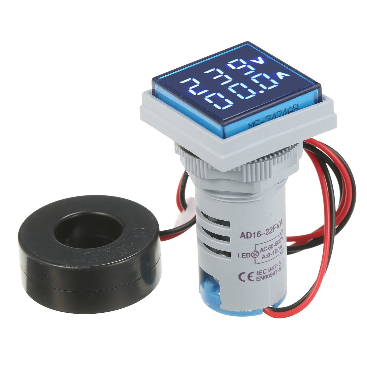 Mini Square AC Panel Meter: Double LED Volt-Ammeter Display, 60-500V Voltage & 0-100A Current Indicator