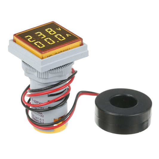 Mini Square AC Panel Meter: Double LED Volt-Ammeter Display, 60-500V Voltage & 0-100A Current Indicator