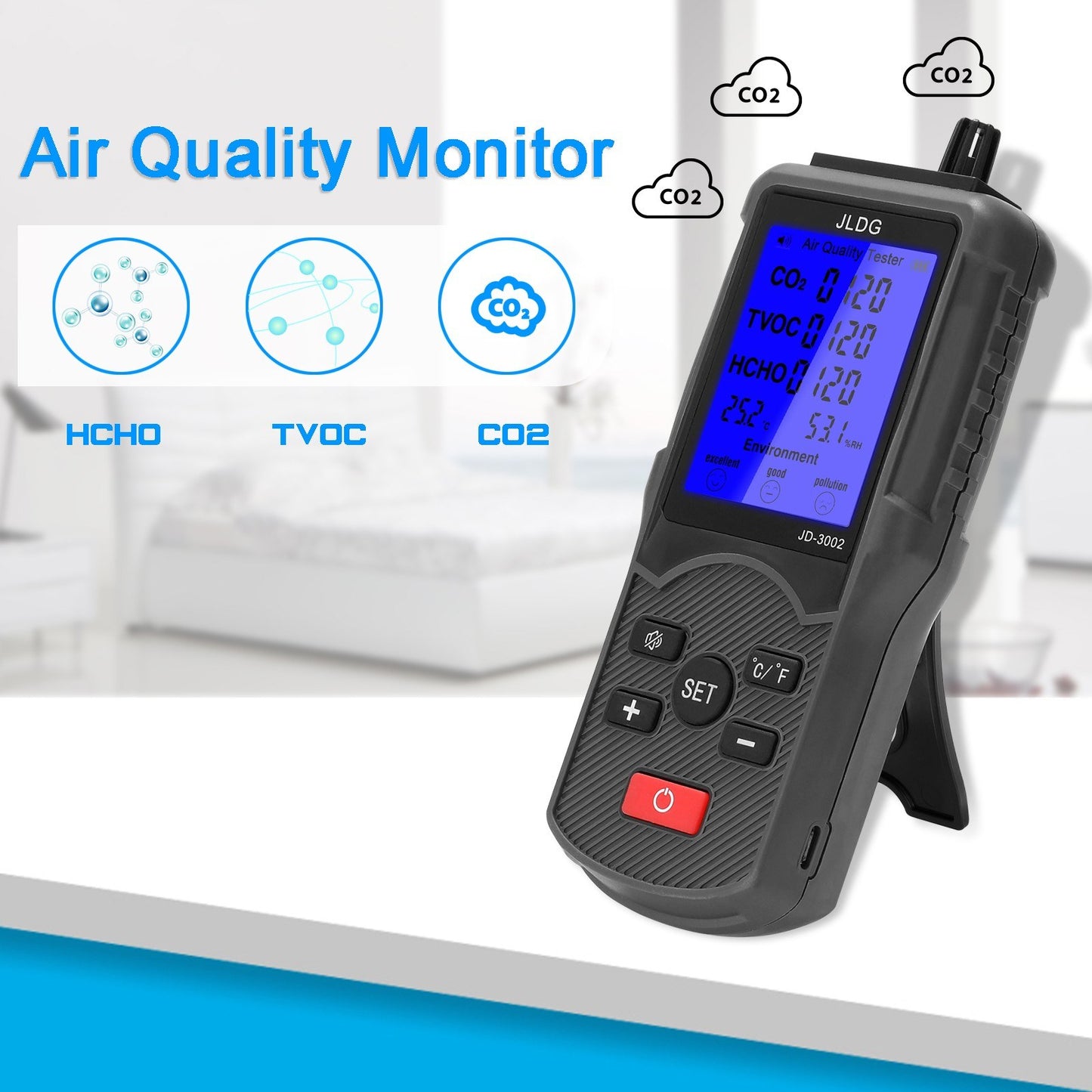 Air Quality Tester: CO2, TVOC, Temperature & Humidity Meter