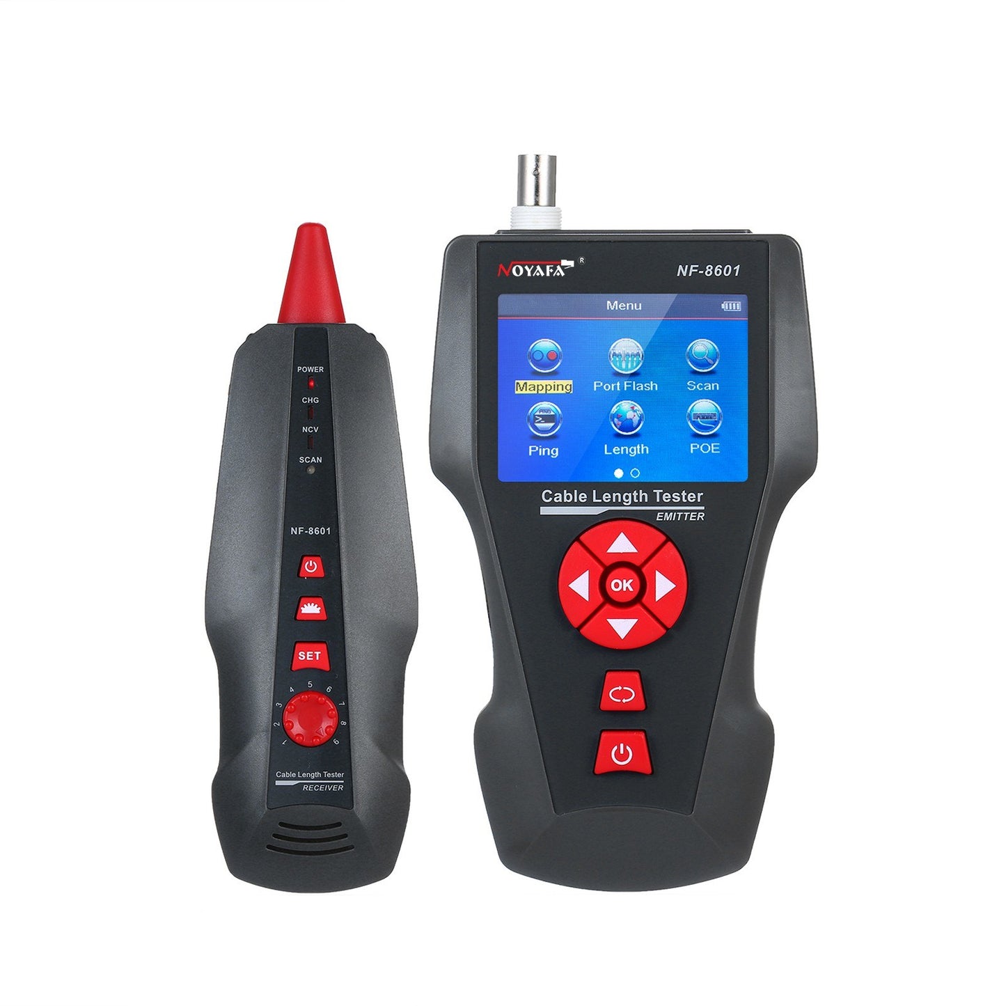 Versatile LCD Network Cable Tester & Wire Tracker with RJ11/RJ45/BNC Support, Wire Length Finder, 8 Remote Adapters, PING & POE Testing