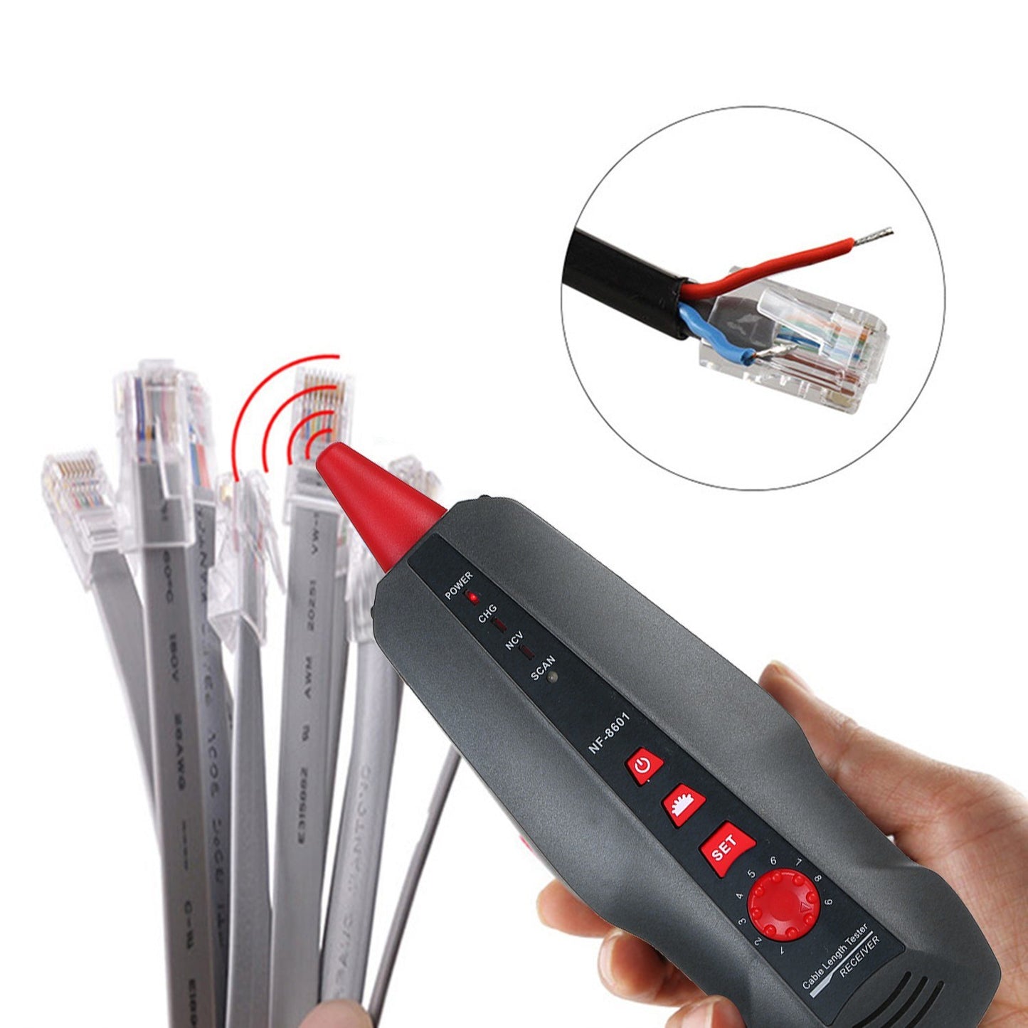 Versatile LCD Network Cable Tester & Wire Tracker with RJ11/RJ45/BNC Support, Wire Length Finder, 8 Remote Adapters, PING & POE Testing