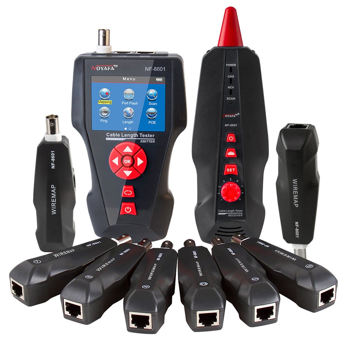 Versatile LCD Network Cable Tester & Wire Tracker with RJ11/RJ45/BNC Support, Wire Length Finder, 8 Remote Adapters, PING & POE Testing