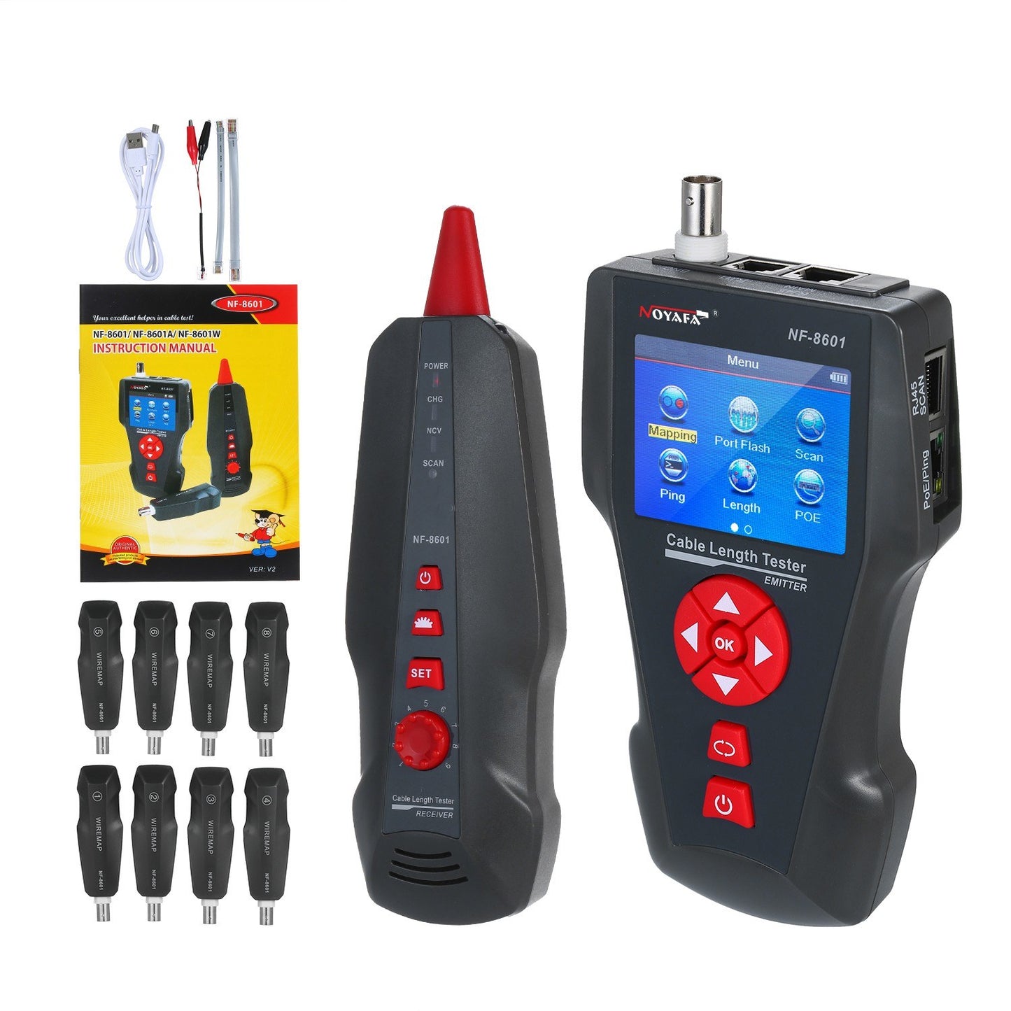 Versatile LCD Network Cable Tester & Wire Tracker with RJ11/RJ45/BNC Support, Wire Length Finder, 8 Remote Adapters, PING & POE Testing