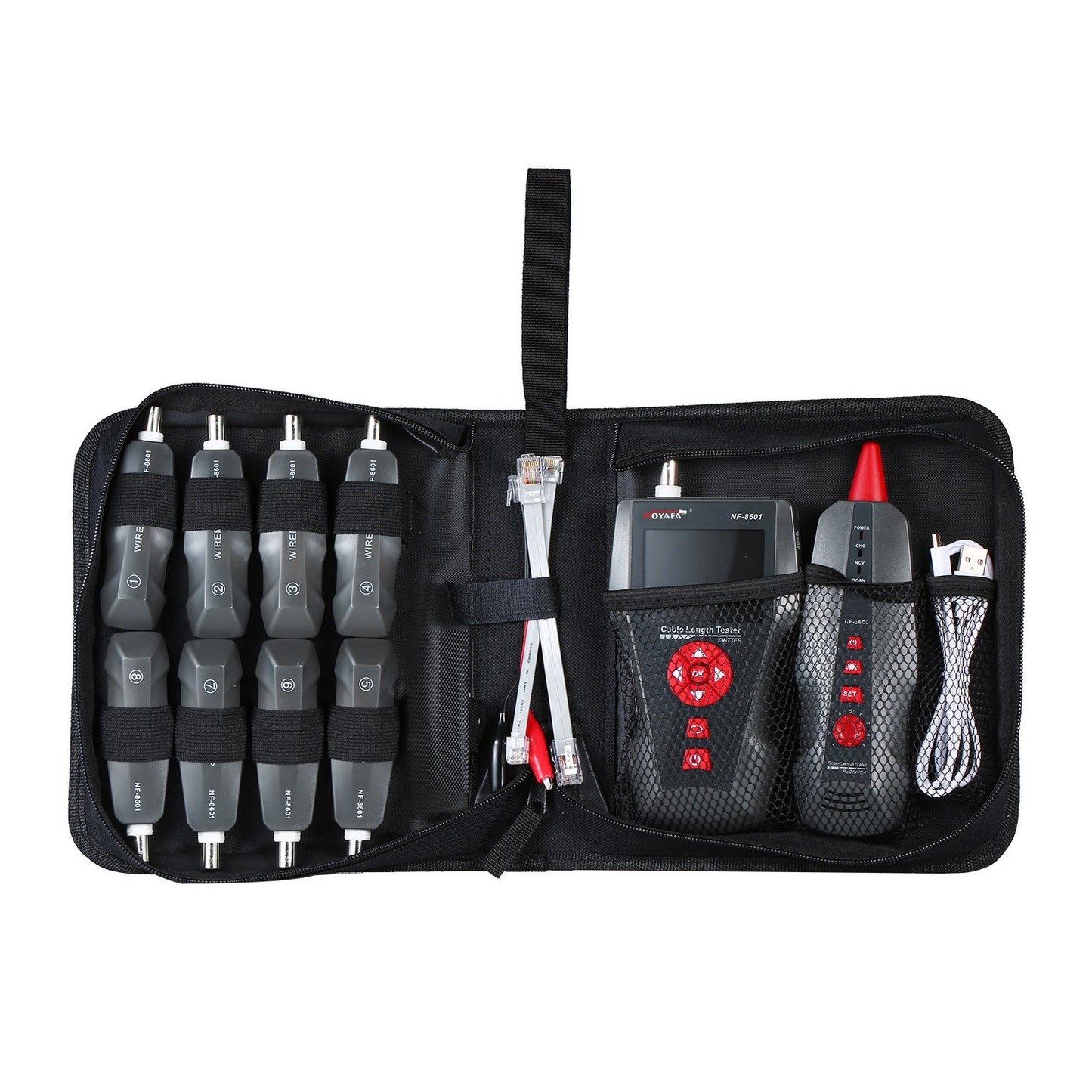 Versatile LCD Network Cable Tester & Wire Tracker with RJ11/RJ45/BNC Support, Wire Length Finder, 8 Remote Adapters, PING & POE Testing