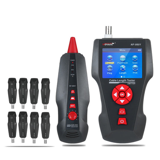 Versatile LCD Network Cable Tester & Wire Tracker with RJ11/RJ45/BNC Support, Wire Length Finder, 8 Remote Adapters, PING & POE Testing