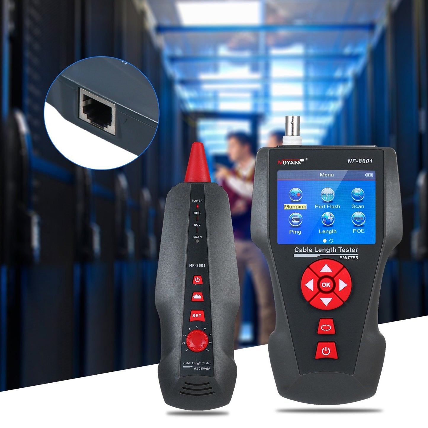 Versatile LCD Network Cable Tester & Wire Tracker with RJ11/RJ45/BNC Support, Wire Length Finder, 8 Remote Adapters, PING & POE Testing