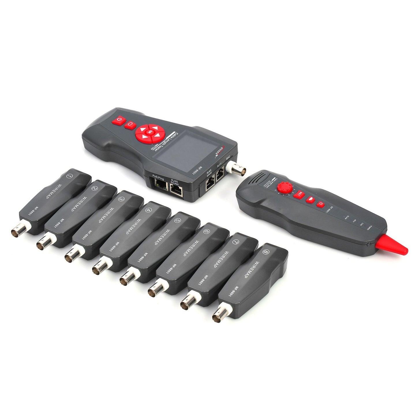 Versatile LCD Network Cable Tester & Wire Tracker with RJ11/RJ45/BNC Support, Wire Length Finder, 8 Remote Adapters, PING & POE Testing