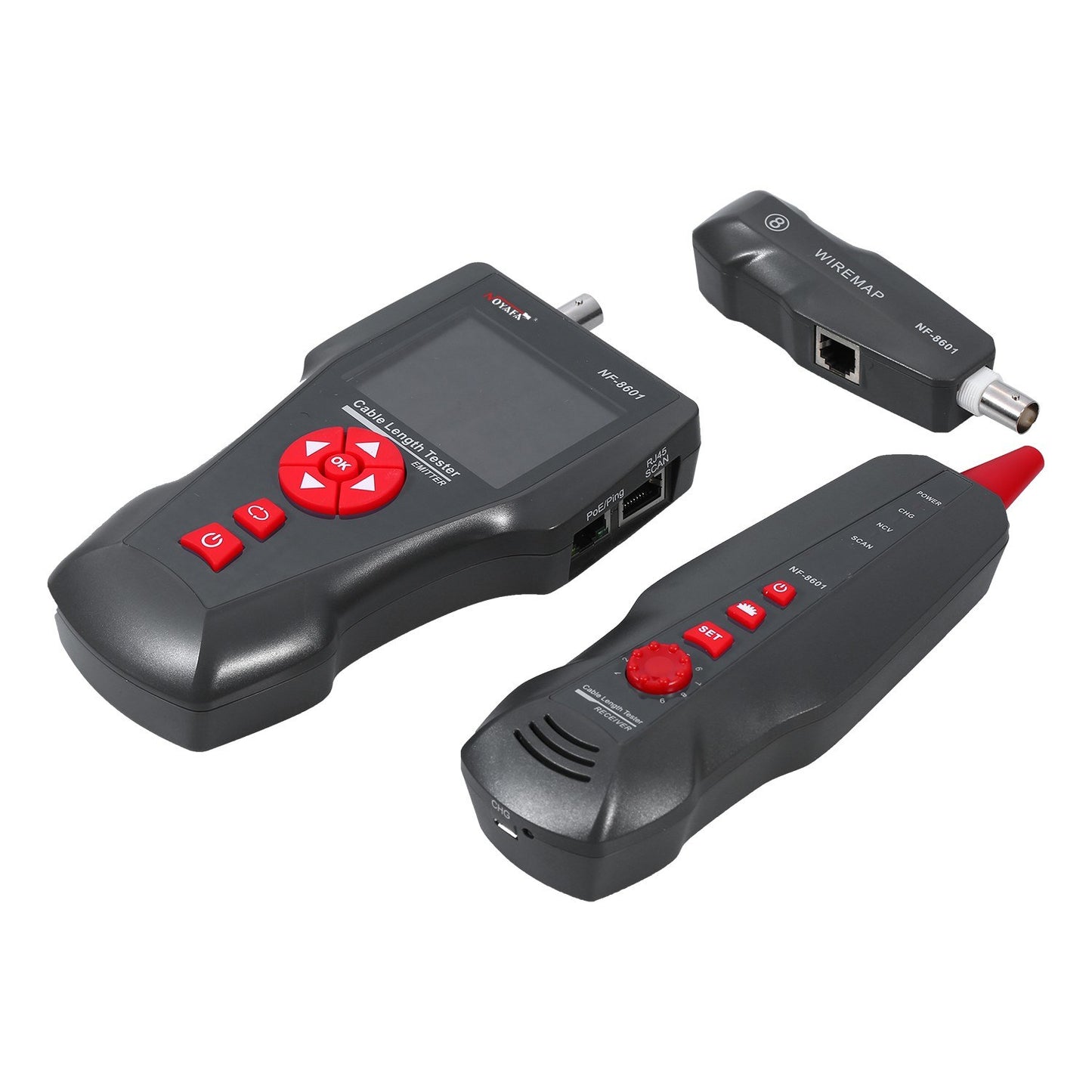 Versatile LCD Network Cable Tester & Wire Tracker with RJ11/RJ45/BNC Support, Wire Length Finder, 8 Remote Adapters, PING & POE Testing