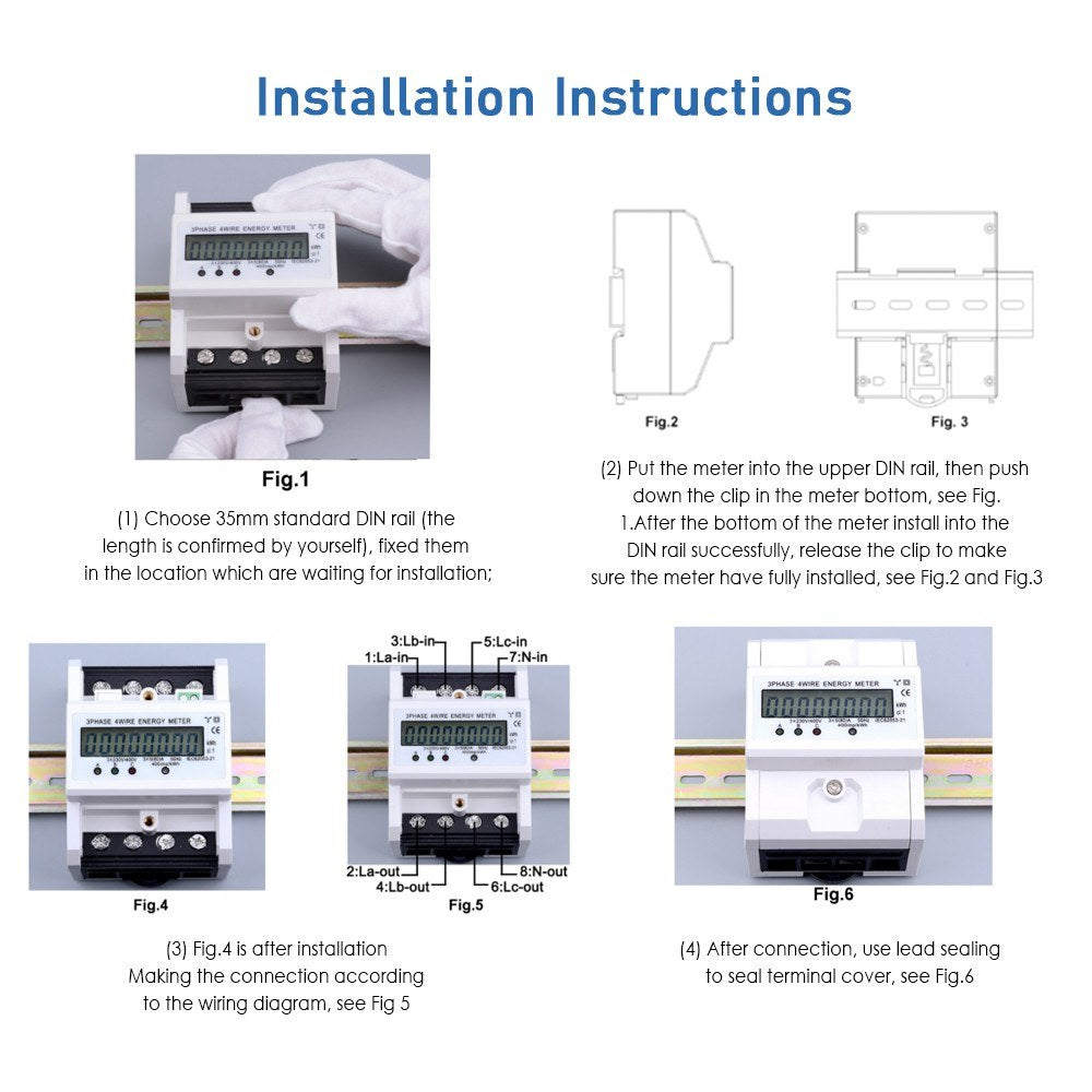Digital 3 Phase 4 Wire Energy Meter 220/380V 5-80A kWh DIN Rail LCD Display
