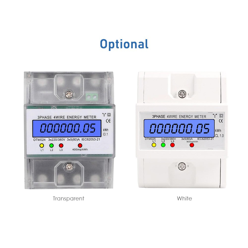 Digital 3 Phase 4 Wire Energy Meter 220/380V 5-80A kWh DIN Rail LCD Display