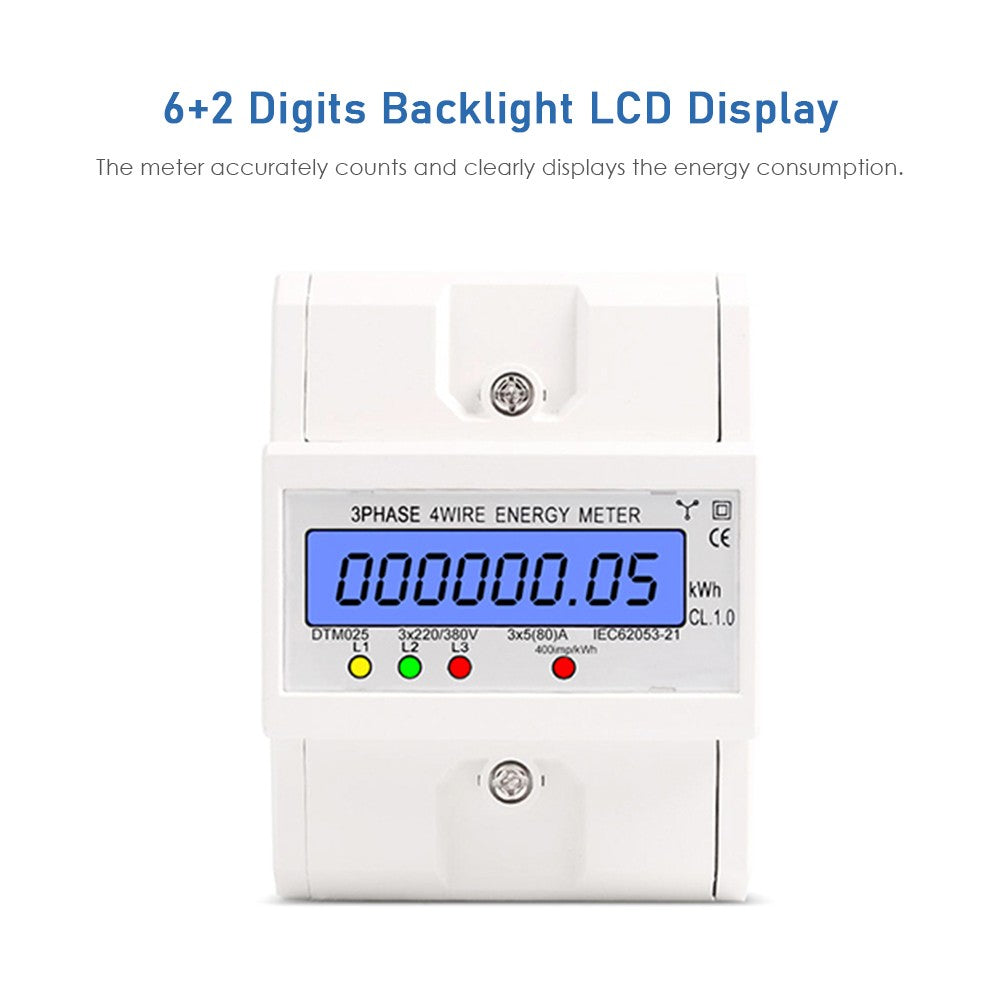 Digital 3 Phase 4 Wire Energy Meter 220/380V 5-80A kWh DIN Rail LCD Display
