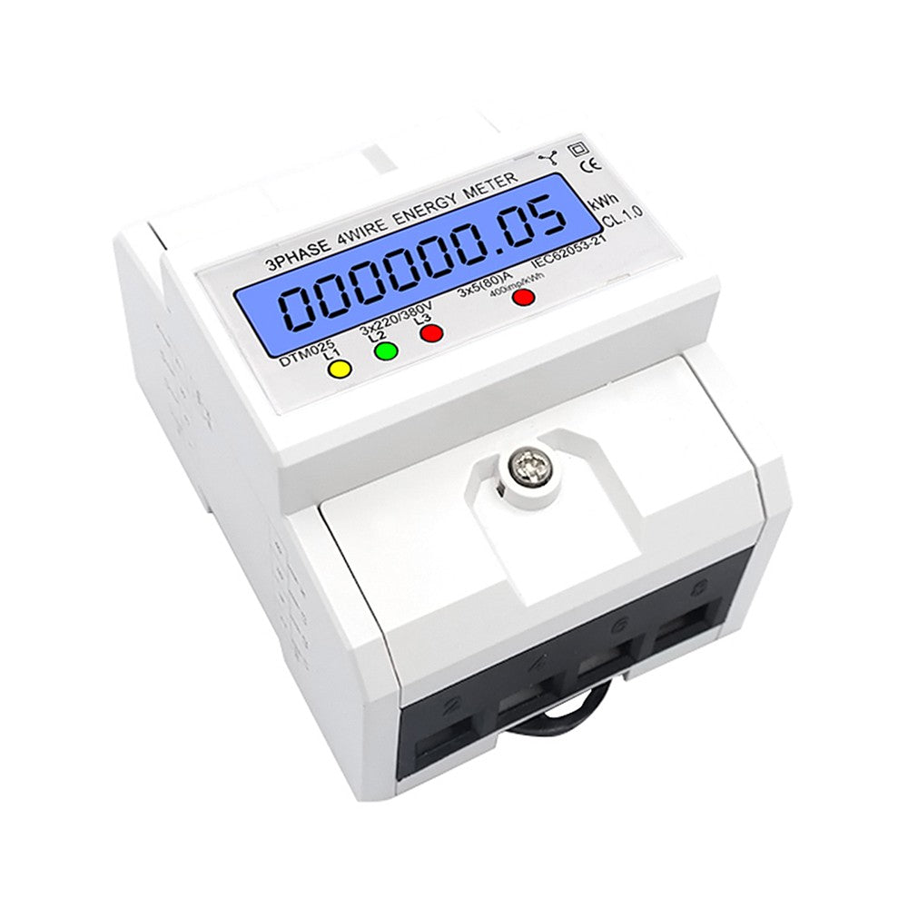 Digital 3 Phase 4 Wire Energy Meter 220/380V 5-80A kWh DIN Rail LCD Display