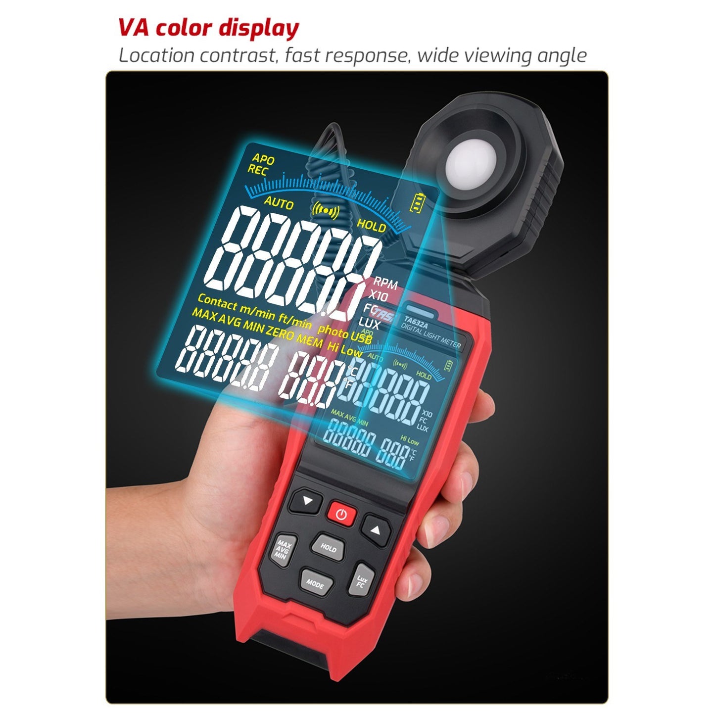 TASI TA632A Handheld Digital Lux Meter, LCD Light Meter 0-200000 Lux Illuminometer Photometer