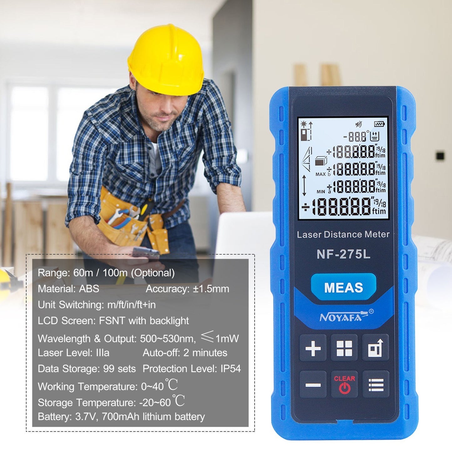 NOYAFA NF-275L Rechargeable Green Laser Distance Meter - 328ft/100m Range Finder for Indoor & Outdoor Measuring: Length, Area, Volume, Level, Vertical, Pythagorean