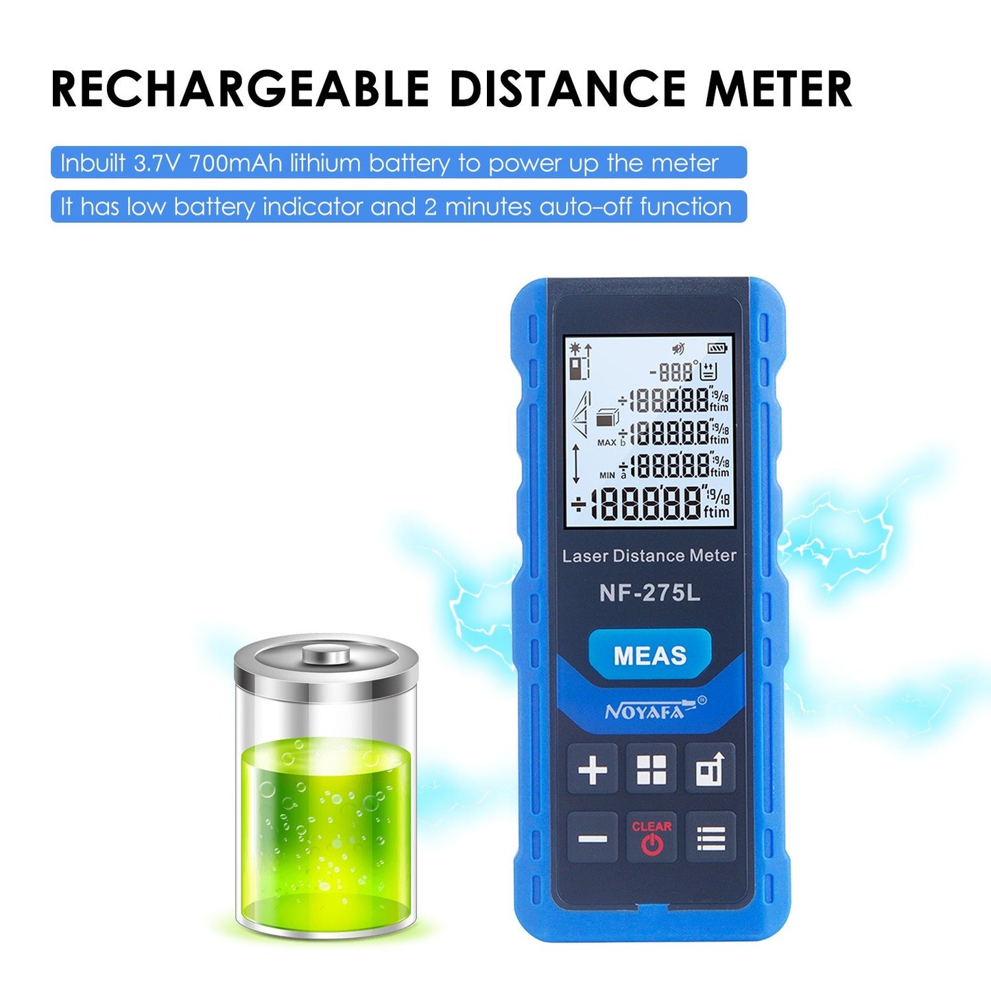 NOYAFA NF-275L Rechargeable Green Laser Distance Meter - 328ft/100m Range Finder for Indoor & Outdoor Measuring: Length, Area, Volume, Level, Vertical, Pythagorean