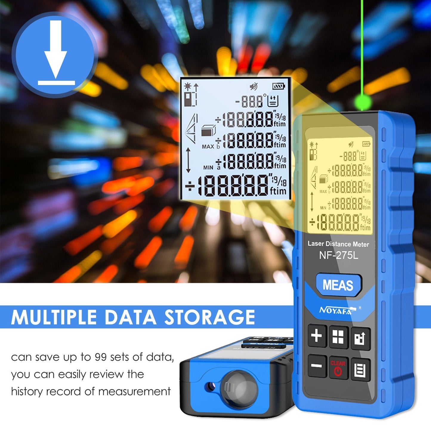NOYAFA NF-275L Rechargeable Green Laser Distance Meter - 328ft/100m Range Finder for Indoor & Outdoor Measuring: Length, Area, Volume, Level, Vertical, Pythagorean