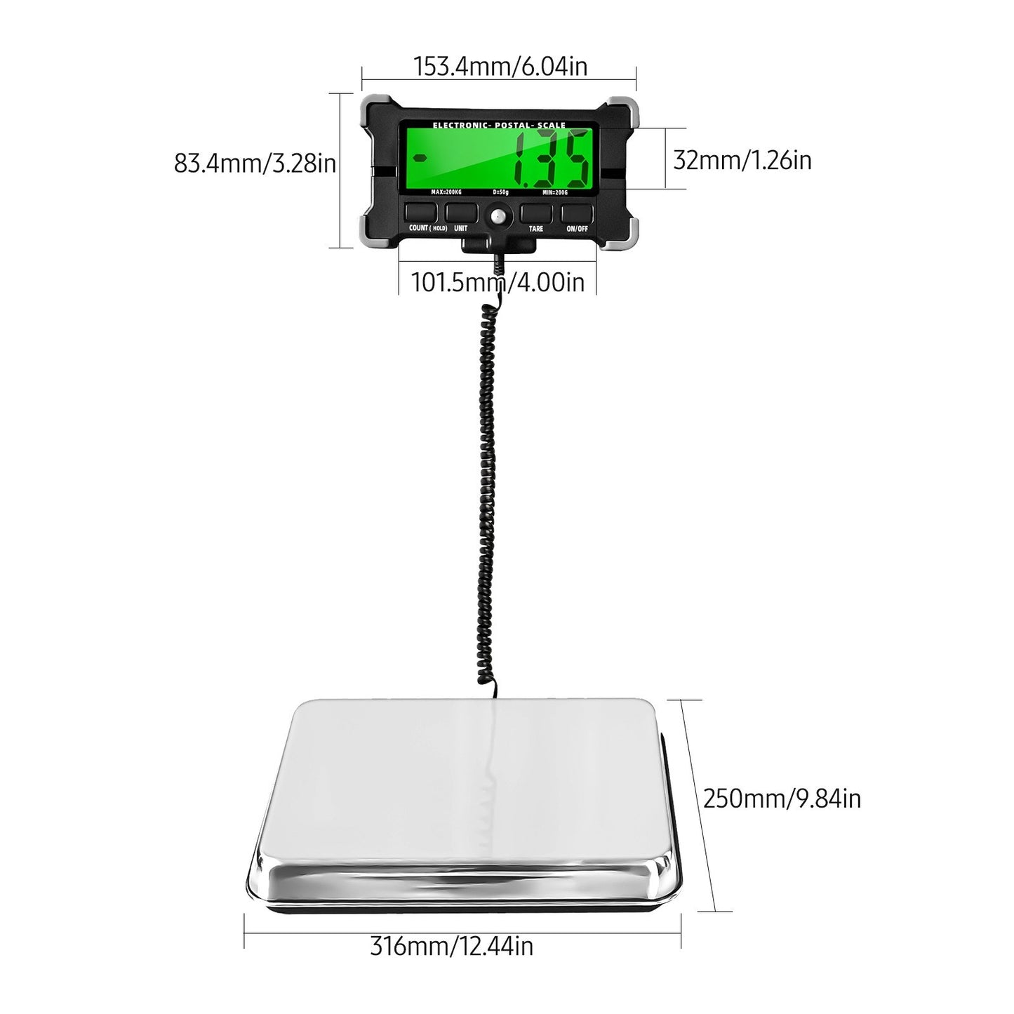 Digital Shipping Postal Scale 440 Lbs, 0.05kg Precision, Stainless Steel, LCD Backlight Display, Auto-Off, Data Hold, Tare, Count Functions