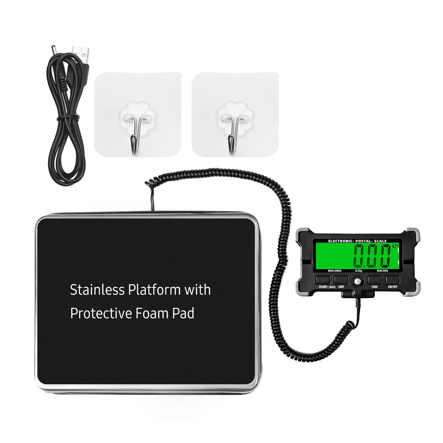 Digital Shipping Postal Scale 440 Lbs, 0.05kg Precision, Stainless Steel, LCD Backlight Display, Auto-Off, Data Hold, Tare, Count Functions
