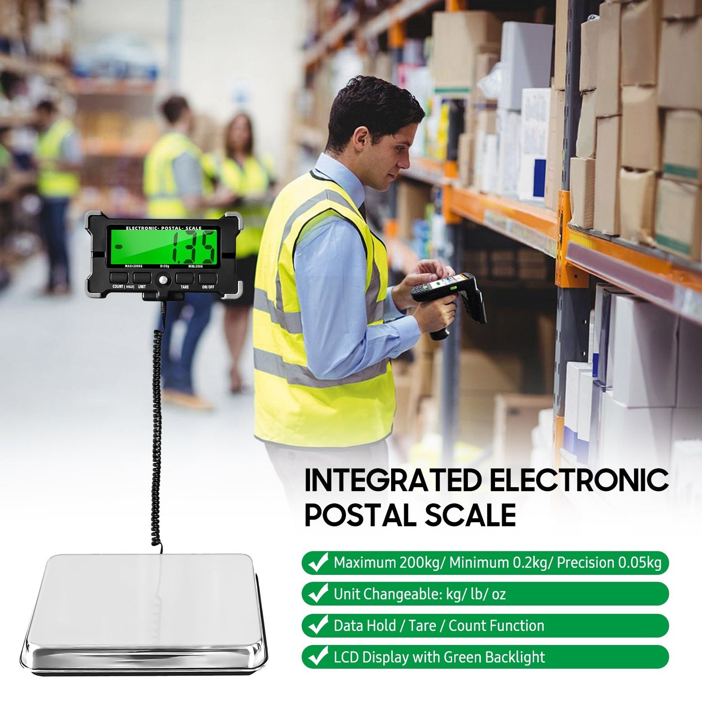 Digital Shipping Postal Scale 440 Lbs, 0.05kg Precision, Stainless Steel, LCD Backlight Display, Auto-Off, Data Hold, Tare, Count Functions