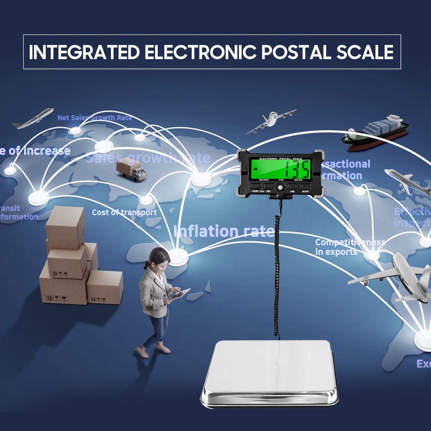 Digital Shipping Postal Scale 440 Lbs, 0.05kg Precision, Stainless Steel, LCD Backlight Display, Auto-Off, Data Hold, Tare, Count Functions
