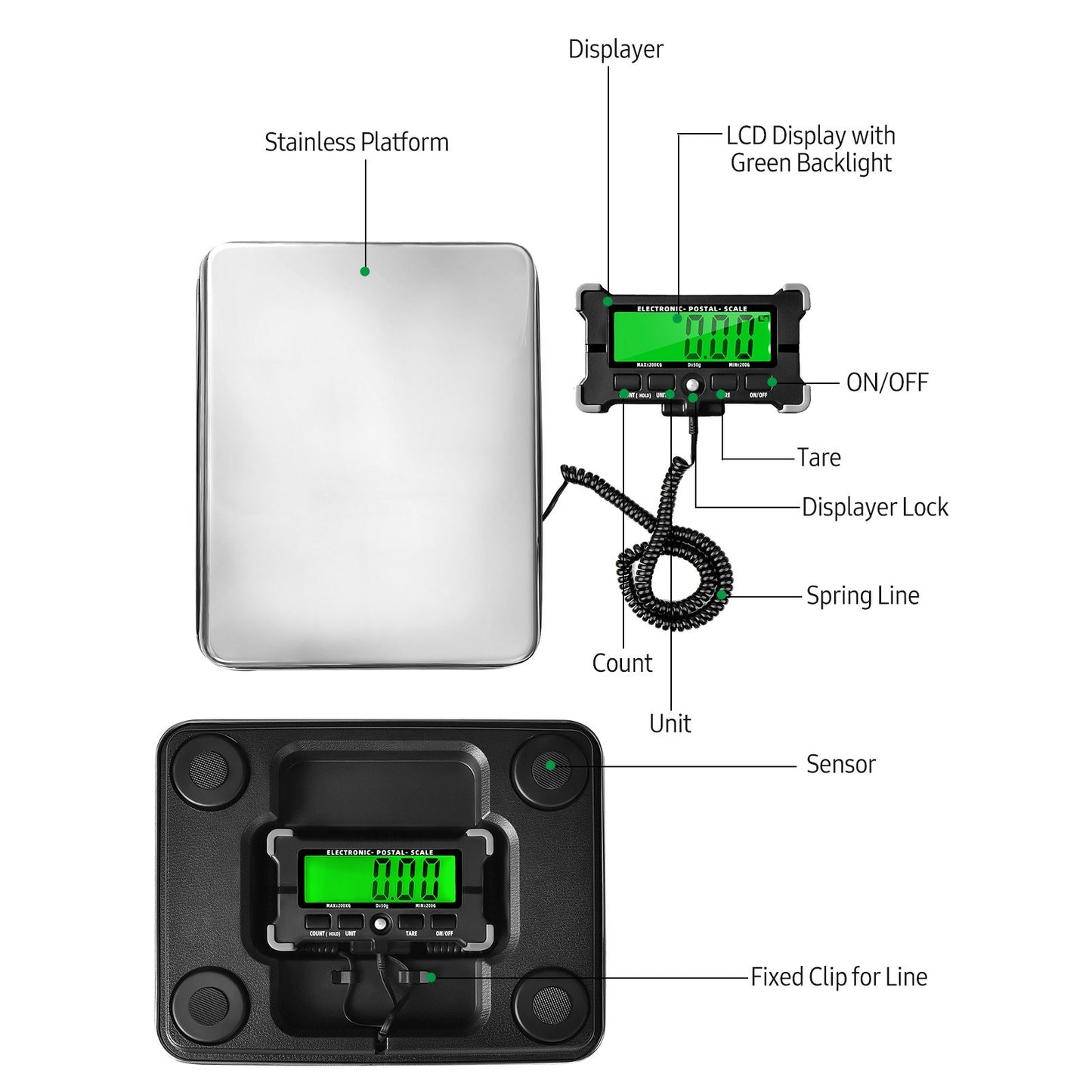 Digital Shipping Postal Scale 440 Lbs, 0.05kg Precision, Stainless Steel, LCD Backlight Display, Auto-Off, Data Hold, Tare, Count Functions