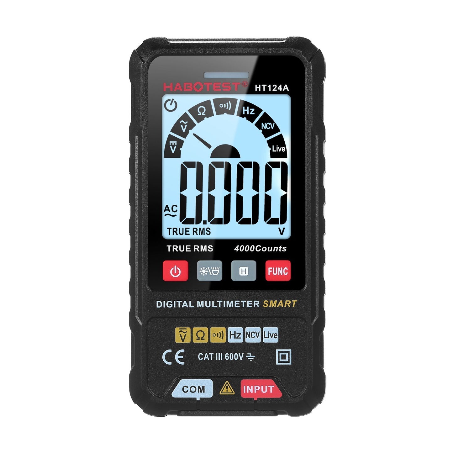 HABOTEST HT124A Smart Digital Multimeter, 4000 Counts True RMS, Auto Ranging, Backlit LCD, 600V AC/DC, LED Flashlight, Multifunction Tester