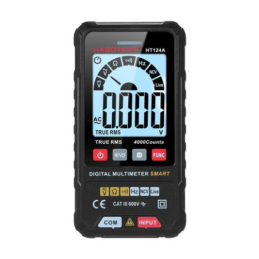 HABOTEST HT124A Smart Digital Multimeter, 4000 Counts True RMS, Auto Ranging, Backlit LCD, 600V AC/DC, LED Flashlight, Multifunction Tester