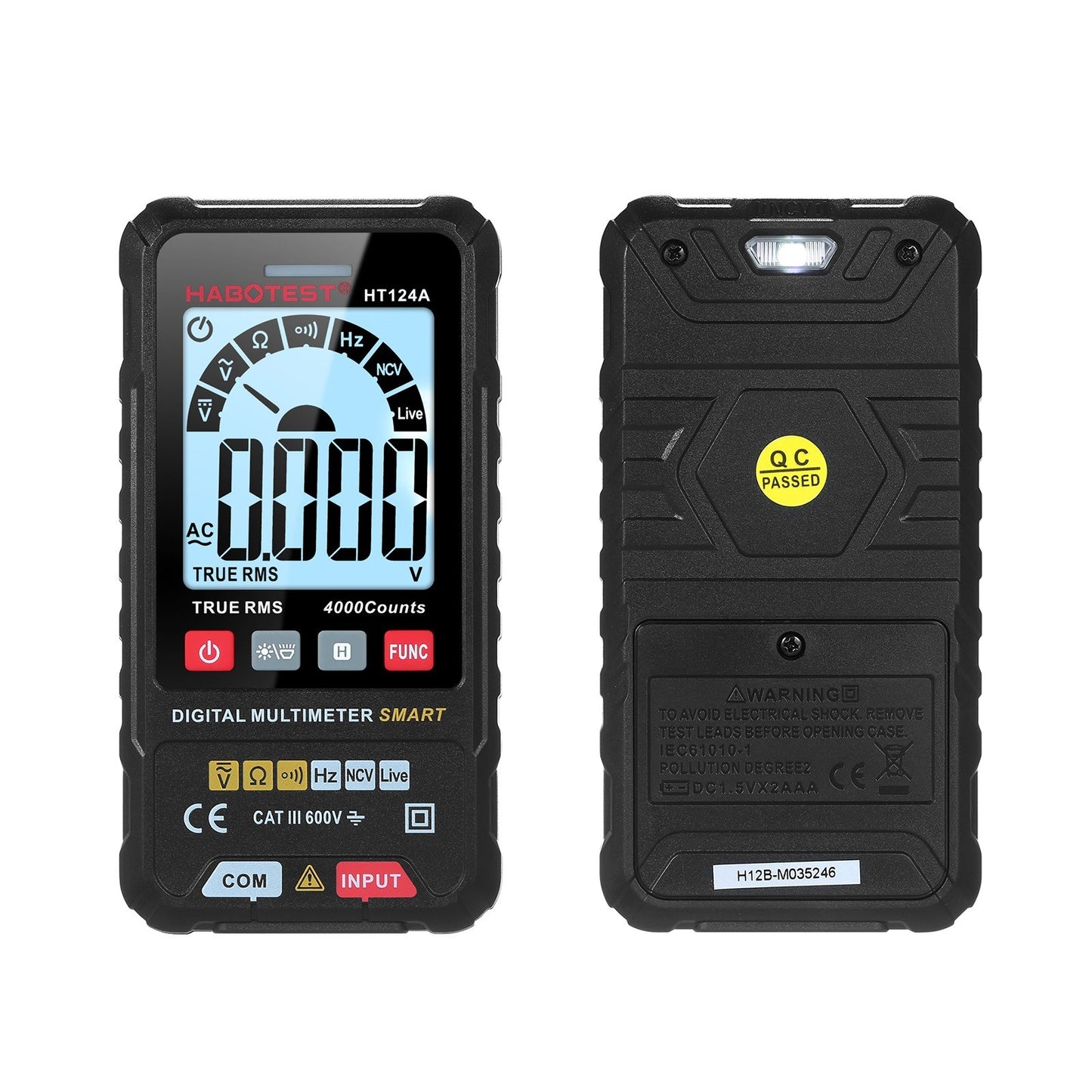 HABOTEST HT124A Smart Digital Multimeter, 4000 Counts True RMS, Auto Ranging, Backlit LCD, 600V AC/DC, LED Flashlight, Multifunction Tester