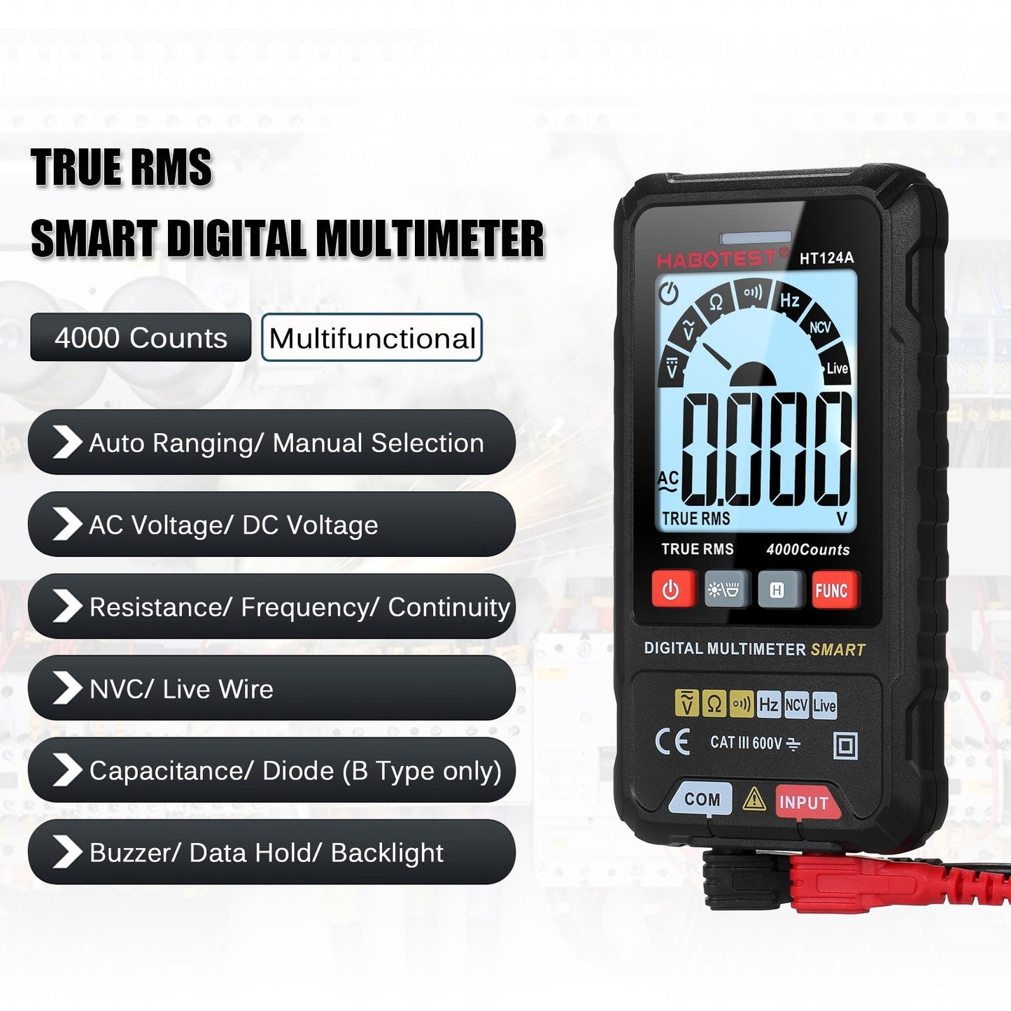 HABOTEST HT124A Smart Digital Multimeter, 4000 Counts True RMS, Auto Ranging, Backlit LCD, 600V AC/DC, LED Flashlight, Multifunction Tester