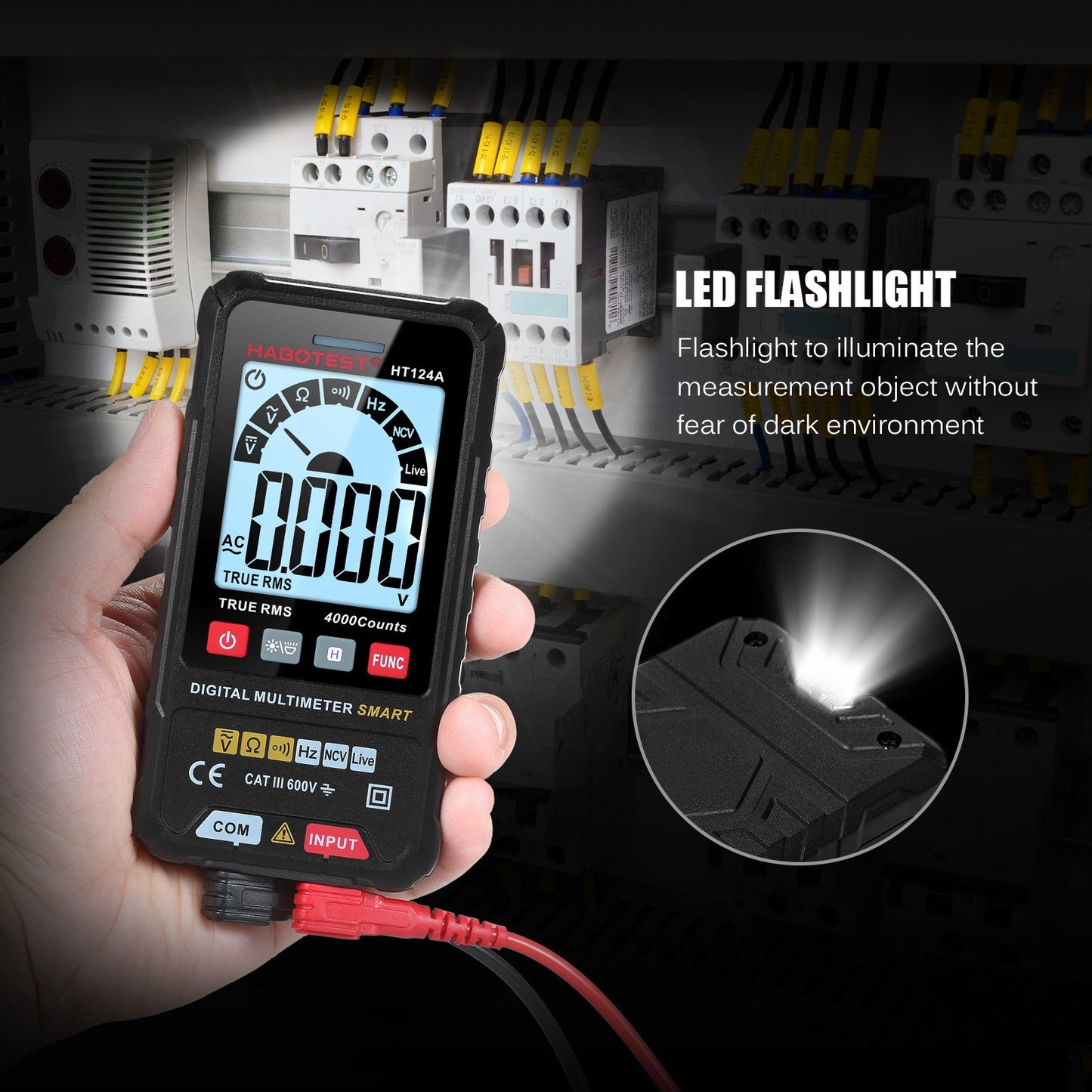 HABOTEST HT124A Smart Digital Multimeter, 4000 Counts True RMS, Auto Ranging, Backlit LCD, 600V AC/DC, LED Flashlight, Multifunction Tester