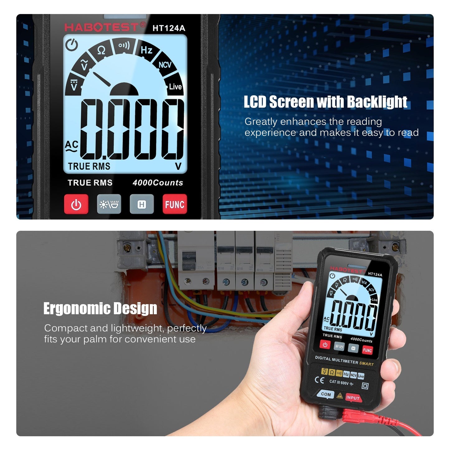 HABOTEST HT124A Smart Digital Multimeter, 4000 Counts True RMS, Auto Ranging, Backlit LCD, 600V AC/DC, LED Flashlight, Multifunction Tester