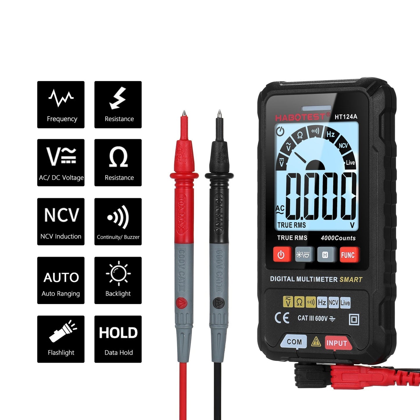 HABOTEST HT124A Smart Digital Multimeter, 4000 Counts True RMS, Auto Ranging, Backlit LCD, 600V AC/DC, LED Flashlight, Multifunction Tester