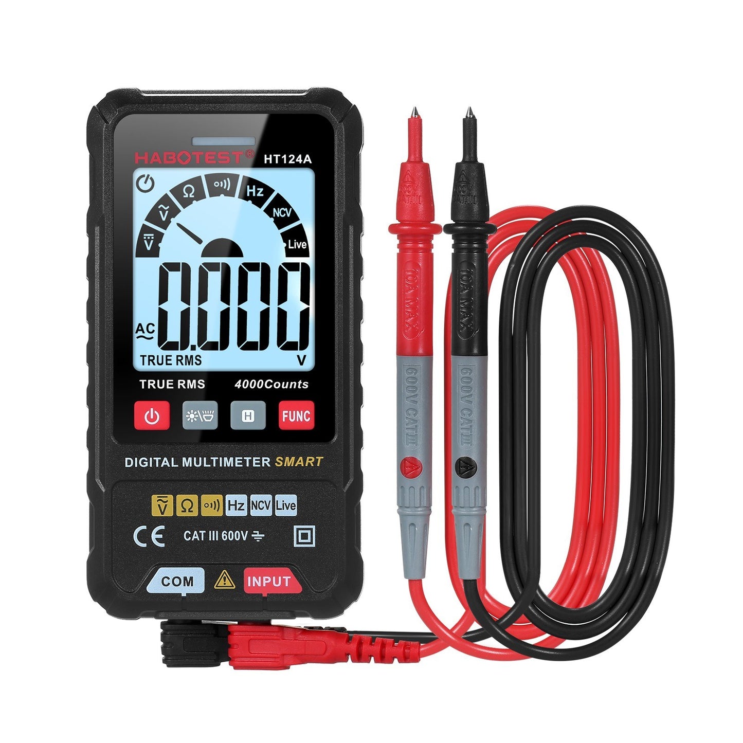 HABOTEST HT124A Smart Digital Multimeter, 4000 Counts True RMS, Auto Ranging, Backlit LCD, 600V AC/DC, LED Flashlight, Multifunction Tester