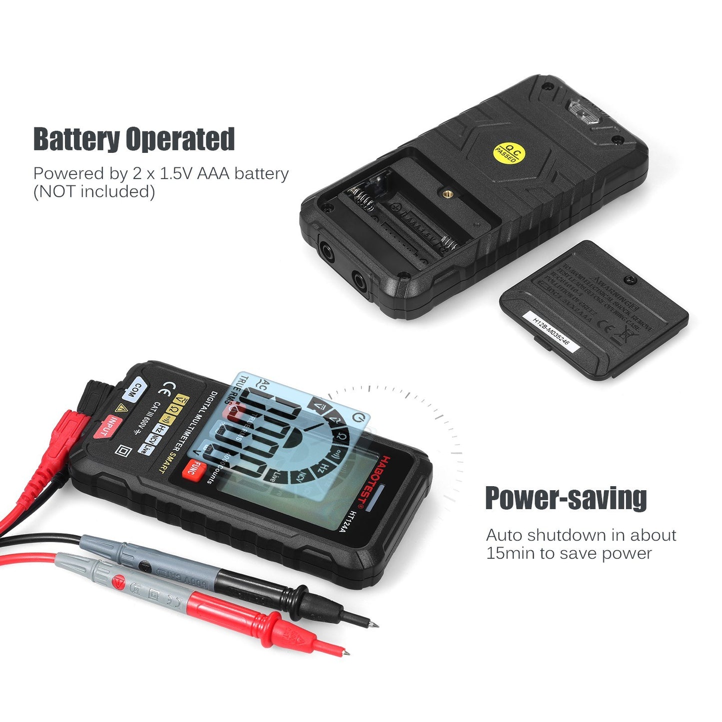 HABOTEST HT124A Smart Digital Multimeter, 4000 Counts True RMS, Auto Ranging, Backlit LCD, 600V AC/DC, LED Flashlight, Multifunction Tester