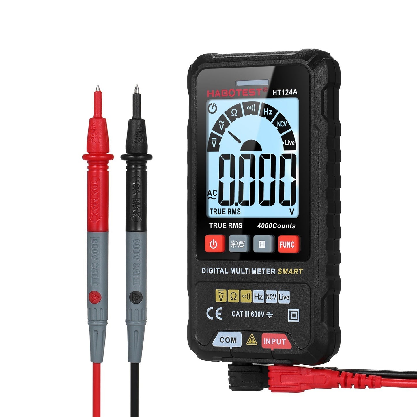 HABOTEST HT124A Smart Digital Multimeter, 4000 Counts True RMS, Auto Ranging, Backlit LCD, 600V AC/DC, LED Flashlight, Multifunction Tester