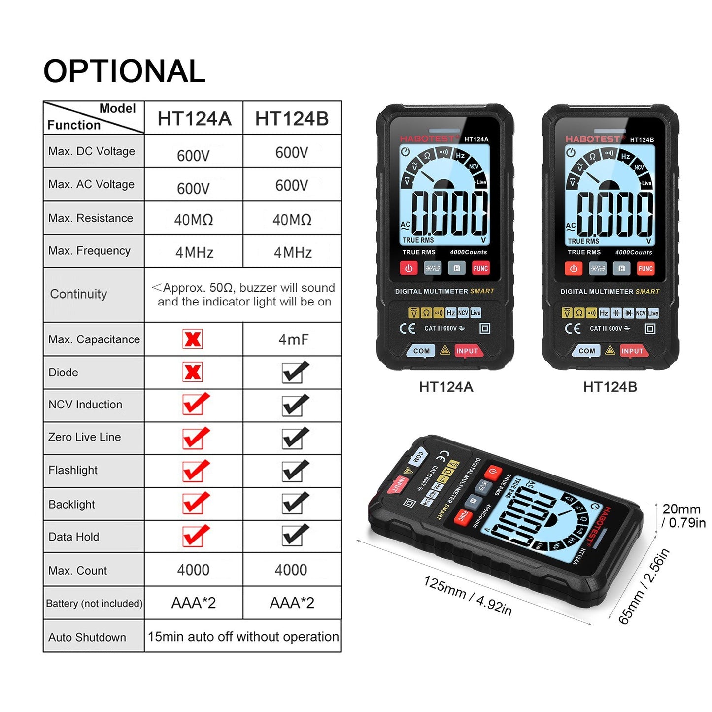 HABOTEST HT124A Smart Digital Multimeter, 4000 Counts True RMS, Auto Ranging, Backlit LCD, 600V AC/DC, LED Flashlight, Multifunction Tester