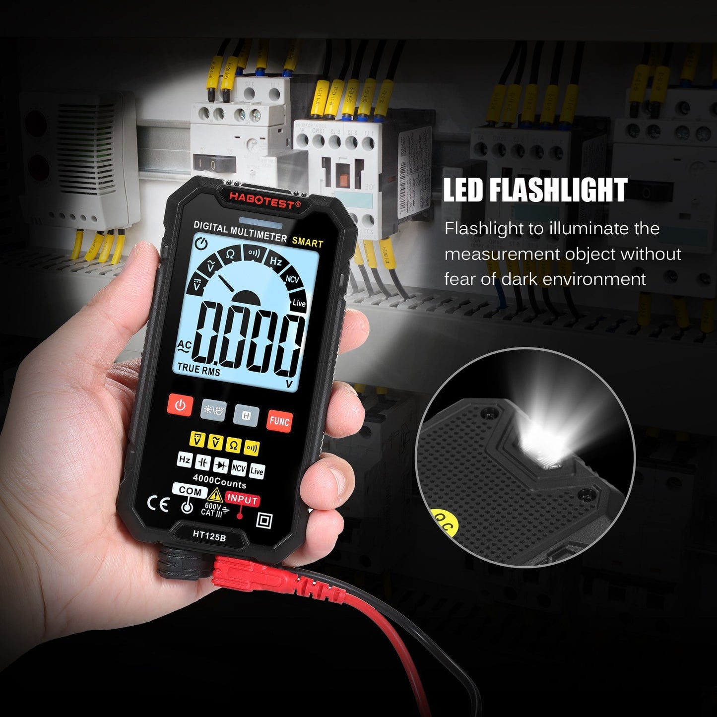 HABOTEST HT125A Smart Digital Multimeter, 4000 Counts True RMS, Auto Ranging Voltmeter, Backlit LCD, 600V AC/DC, Electric Test Pen with LED Flashlight, Multifunction Resistance, Continuity & Frequency Tester